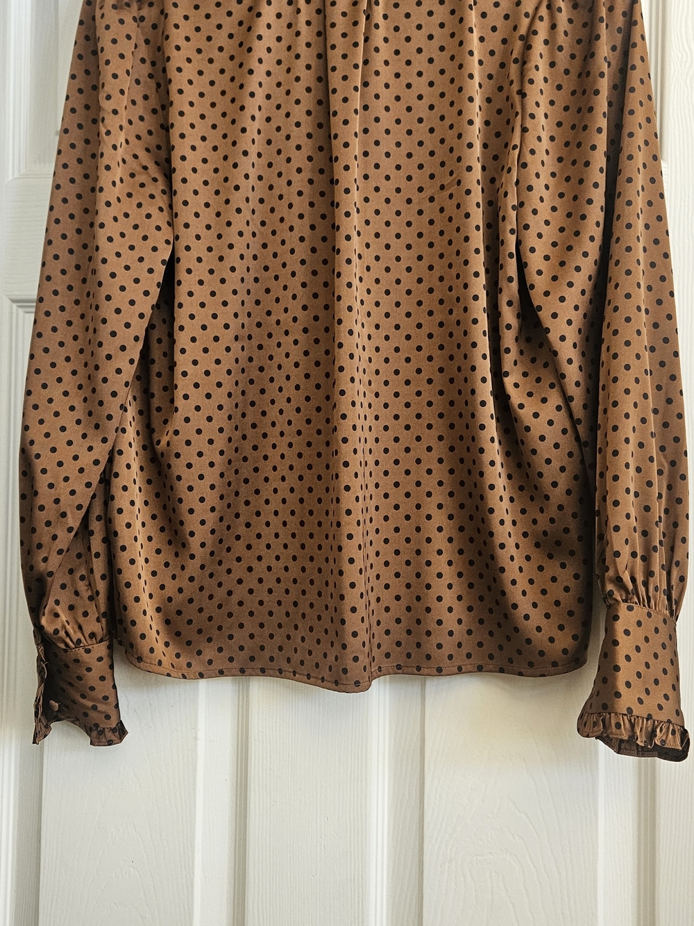 Brown Polka Dot Bow-Neck Blouse - Women SIZE S - Picture 8 of 10